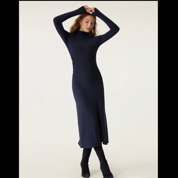 NWT OLG ProWarm Long Sleeves Mockneck Tucks Midi Dress - Regular / Navy / S - Picture 3 of 5